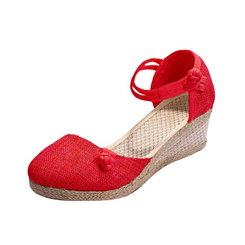 Minetom Espadrille Femme Mode Sandales Compensées Talon Plateforme Lanière Cheville Chic Boucle Sandale Elegantes Talons Hauts Chaussures Rouge 38 EU