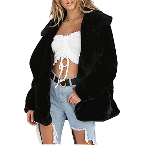 Womens Long Sleeve Solid Fuzzy Fleece Lapel Open Front Hooded Cardigans Jacket Warm Winter Coats Outwear (3XL,Black) Cover