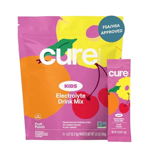 Cure Hydration - Kids Electrolyte Drink Mix | Plant-Based Pediatrician Formulated Rehydration | No Added Sugar FSA-HSA Non-GMO Gluten-Free No Artificial Flavors | 14 Packets - Fruit Punch