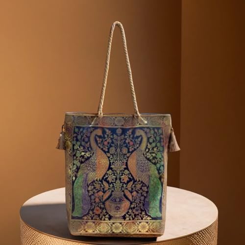 Image of Rhaa Double Peacock Banarasi Design Tote Bag, Indian Stylish, Medium Size for Women