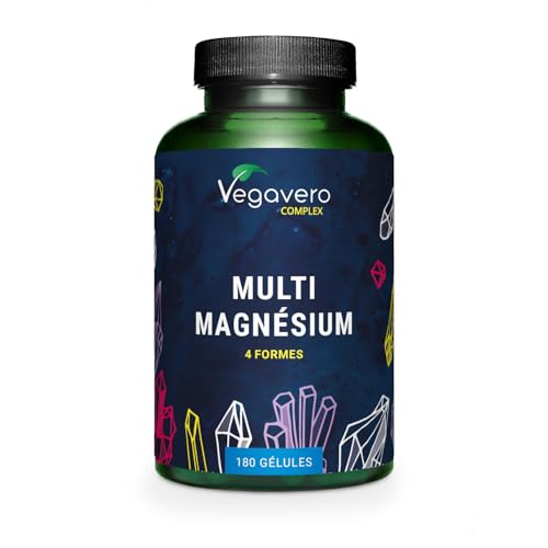 Complexe de Magnesium 375 mg | 180 Gélules | 4 FORMES - Bisglycinate, Malate, Citrate et Taurate | Avec Vitamine B2 & B6 | Absorption Supérieure | Sans Additifs & Vegan | Vegavero®