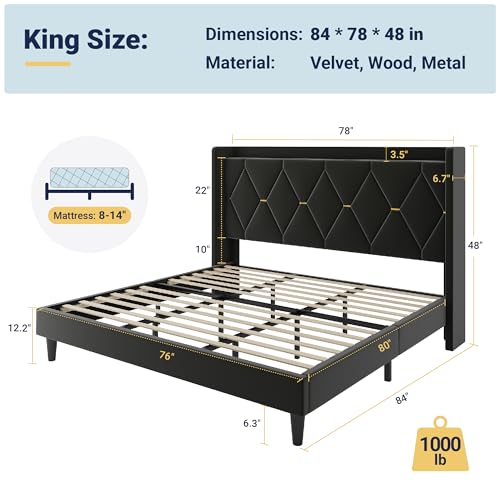 Allewie Velvet King Size Upholstered Bed Frame with Wingback Storage Headboard & Charging Station, Platform Bed with Diamond Tufted Design & Gold Trim, No Box Spring Needed, Easy Assembly, Black - Image 3