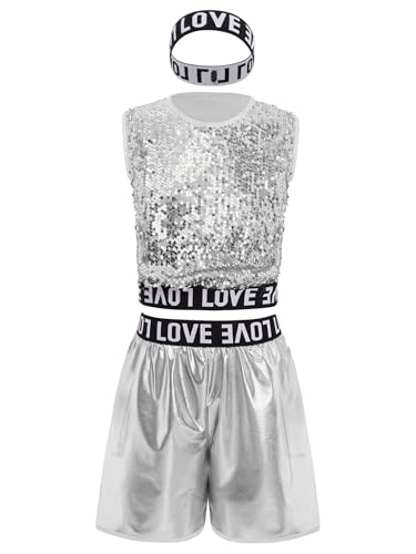 Choomomo Chándal para niños y niñas, con lentejuelas, sin mangas, con pantalones cortos, banda para el pelo, hip hop, jazz, calle, danza, plata, 158-164