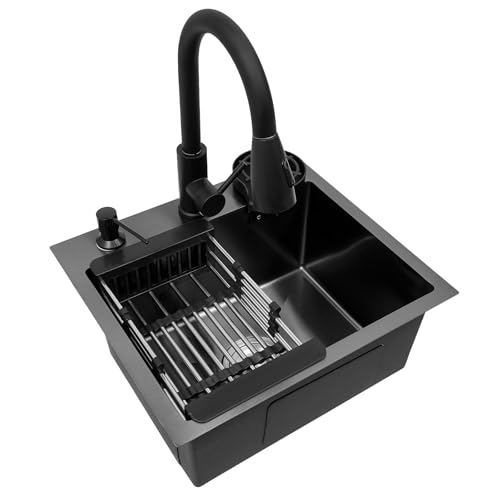 Fregadero de 45 x 40 cm de acero inoxidable, fregadero negro con grifo extraíble y enjuague para tazas, fregadero de cocina multifuncional de 1 seno, fregadero empotrable, incluye diseño de drenaje en
