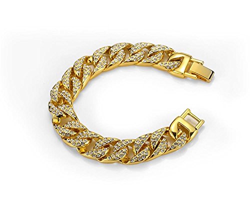 Mens Womens Cuban Link Bracelet Hip Hop Bracelet Stainless Steel Chain Bracelet Iced Out Curb Cuban 18K Gold Plated Bracelet With Clear Rhinestones (A-Gold) #TOP5