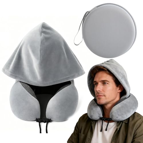 Umbodr Verstellbares Memory Foam-Reisekissen für Flugzeuge und Autos,Nackenkissen Flugzeug mit Kapuze,Bequem Reisekissen Flugzeug,Nackenkissen mit Travel Case – grau