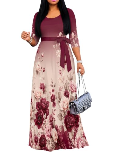 Image of Women's V Neck Floral Maxi Dress 3 /4 Sleeve Plus Size Boho Wrap Flowy Long Dresses with Belt