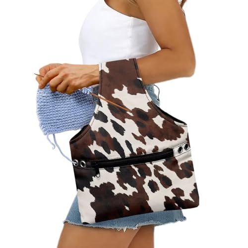 Image of KUIFORTI Cow Print Yarn Bag Kniting Wrist Bag Small Yarn Bags for Crocheting on The Go, Crochet Accessories Knitting Needles Holder Bag