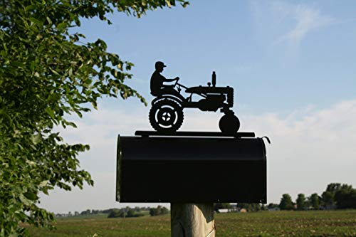 Farm and Ranch Metal Mailbox Topper (Vintage Tractor and Driver, Matte Black)