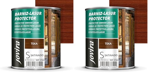 JOVIRA PINTURAS BARNIZ-LASUR PROTECTOR SATINADO (7 colores) Protege, decora y embellece todo tipo de madera (750 Mililitros, Teka) D-04B (Paquete de 2)