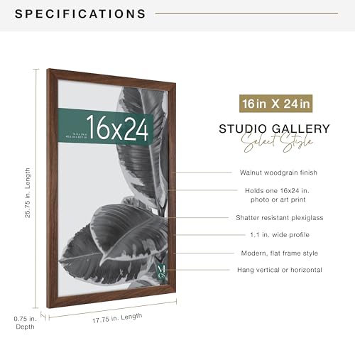 MCS Studio Gallery 16x24 Poster Frame Walnut Woodgrain, Vertical & Horizontal Wall Hanging Large Picture Frame for Photos, Posters & Art Prints (1-Pack)