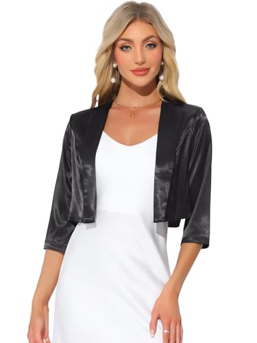 Allegra K Satin Cardigan for Women's Open Front Elegant Formal 3/4 Sleeve Bolero Shrug Jacket