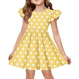 Robe d'été pour fille avec manches à ailes et motif à pois, ligne A, robe décontractée avec bordure à volants comme haut confortable au quotidien, pour les fêtes pour différentes occasions, jaune, 5 6