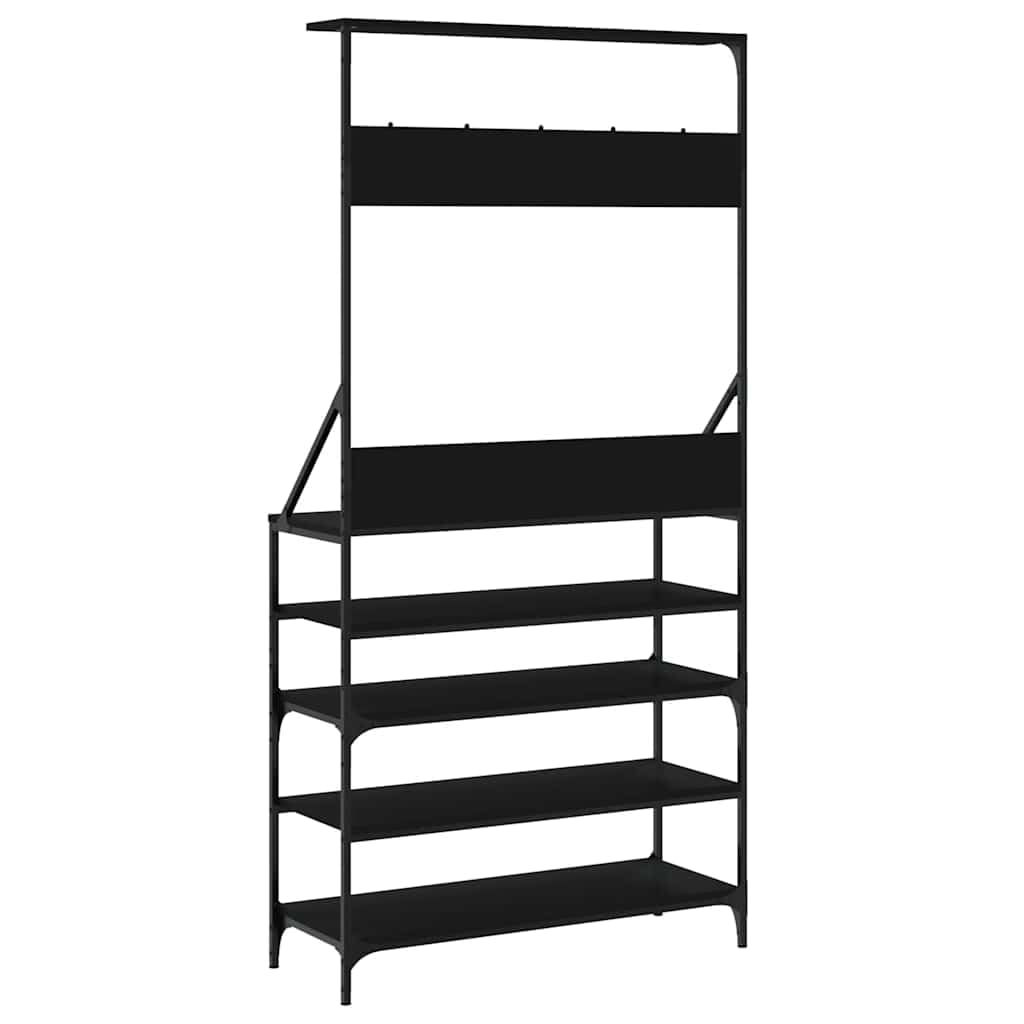 Wieszak na ubrania z półką na buty, czarny, 90 x 34 x 184 cm, z materiału drewnopochodnego i metalu, wieszak na garderobę do korytarza, sypialni, przedpokoju z półką, haczykami