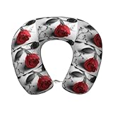 cchgnm Almohada de viaje con estampado de rosas rojas, almohada de cuello de espuma viscoelástica, almohada portátil para hoteles, camping, personas que duermen de lado y de espalda