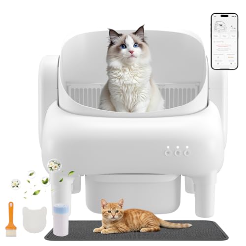 GTPLAYER Litiere Chat Autonettoyante， Bac à Litière Ouvert en Haut Autonettoyant avec Contrôle APP，Anti-Pincement，Litière Automatique Inclus Tapis & Déodorant，Idéal pour Multi-Chats & Voyages, Blanc