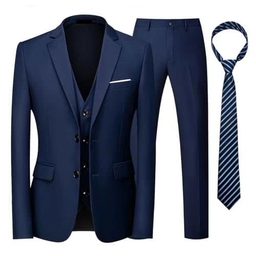 KUDORO Men Suits 3 Piece Slim Fit Single Breasted Two Button Wedding Tuxedo Suit Blazer Waistcoat Trousers with Tie（Navy,M