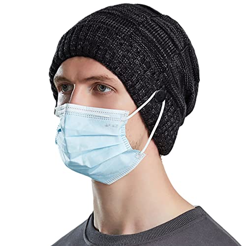 [TAKIYA] ニット帽子 メンズ レディース 防寒帽子【耳に優しいボタン付き・裏起毛・二層構造・防寒防風】 ニットキャップ 柔らかい 厚手 伸縮性 スキー/自転車/通勤/通学/スポーツ/登山/スポーツなど 秋冬 男女兼用 (ブラック)