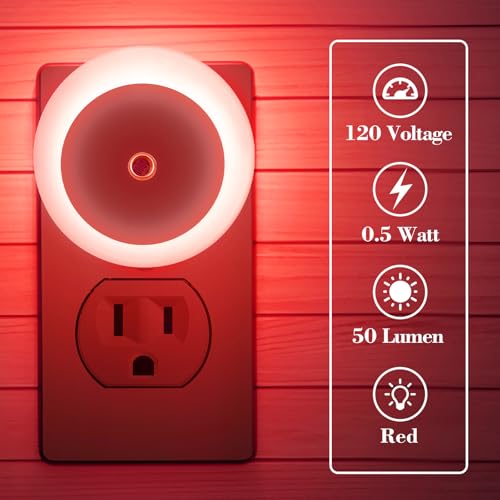Image of KINUR 6 Pack Red LED Plug into Wall with Dusk to Dawn sensors Plug in Night Lights for Kids Room, Bedroom, Bathroom, Stair Lights, Hallway Light