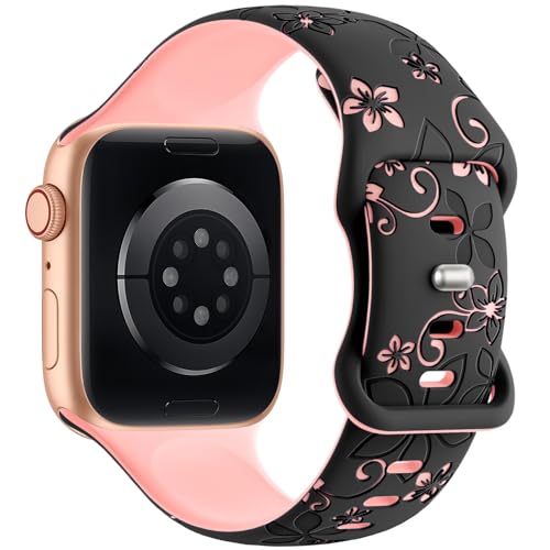 Image of Floral Engraved Strap Compatible with Apple Watch Straps 38mm 40mm 41mm 42mm 44mm 45mm 46mm 49mm for Women,Cute Flower Band Soft Silicone Sport Strap for iWatch Series 11 10 9 8 7 6 5 4 3 2 1 SE Ultra