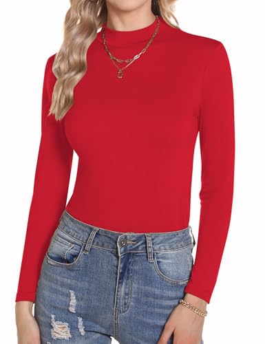 Aottori Camiseta Cuello Alto Mujer Manga Larga Basica Ropa Interior Algodón con Cuello Vuelto Slim Fit Ligera Térmica Primavera Otoño Invierno Rojo M