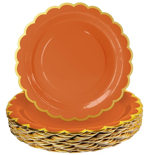 Image of HEIPINIUYE 50 Pieces Orange Paper Plates with Gold Foil 9 Inch Disposable Orange Scalloped Dinner Plates for Wedding Baby Shower Birthday Thanksgiving Party Dessert Plate