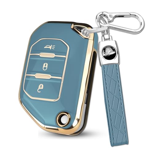 HEKBRYN for Jeep Key Fob Cover, Premium Soft TPU Full Protection Key Case Compatible with Wrangler JL JLU Rubicon Sahara Sport S 4xe, Gladiator JT 3 Button Flip Remote Smart Key Shell (G-Blue)