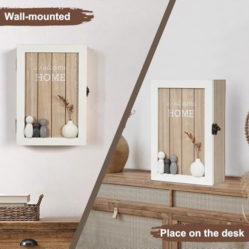 Optyuwah Schlüsselkasten Holz modern Schlüsselbox mit Trockenblumen Schlüsselschrank 6 Schlüsselhaken Schlüsselablage Wand Deko L für Eingang,Flur,Büro Schlüsselhalter Schlüsselbrett L weiß