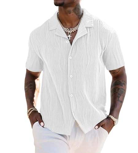 UOUA Men's Summer Button Down Shirts Short Sleeve Textured Beach Shirt Casual Hawaiian Vacation Tops