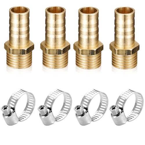 Ensemble de 4 raccords en laiton de 10mm de barbes x filetage extérieur BSP 1/4, avec 4 colliers de tuyau en acier inoxydable pour tuyaux d'air, de gaz et d'eau.