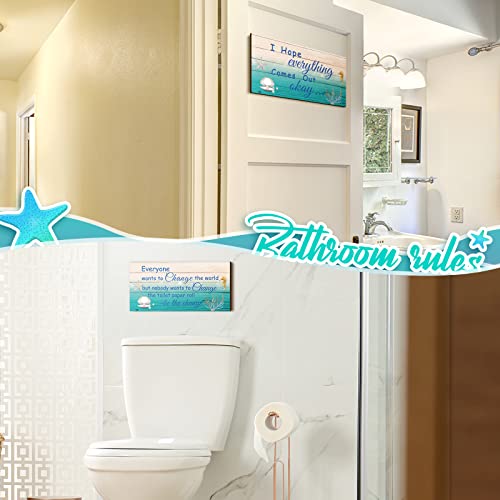Jetec 2 Pieces Funny Bathroom Decors Bathroom Rules Sign Plaque Wooden Funny Bathroom Decor Sign Guest Hanging Wall Art Decorative Signs Rustic Wall Art (Blue,Ocean Style) - Image 4