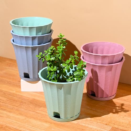 Image of Eha Earth Friendly Ace 7 inch Small Self Watering Pots for Indoor Plants | Set of 6 | Plant Pot Made with Bamboo Fibers | Table Top Planters for Home Decor, Flower Pot for Living Room | Multicolor