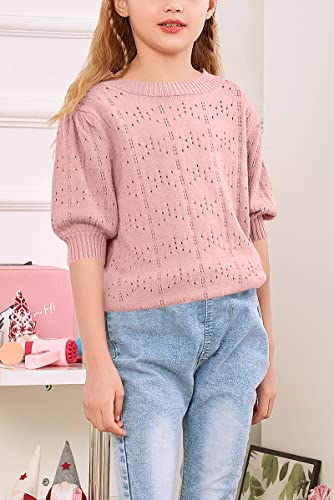 Klousilover Girls Blouse Tops Fall Casual Puff Sleeve Crew Neck Sweaters Solid Hollow Out Knit Pullover Jumper Tops A-Pink #TOP4