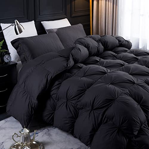 Three Geese Pinch Pleat Waterfowl Feathers and Down Comforter King Size Duvet Insert,750+ Fill Power,1200TC 100% Cotton, Premium All Seasons BlackGrey Comforter with 8 Tabs
