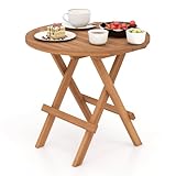 LDAILY Round Folding Side Table, Teak Wood End Table with Heavy Duty X-Shaped Frame & Slatted Tabletop, Outdoor Small Coffee Table for Patio, Cafe, Garden, Deck, Porch, Balcony, Backyard, Camping (1)