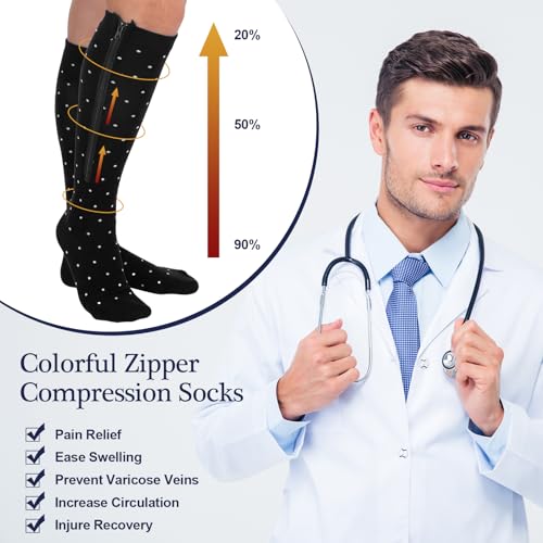 Image of Tarpop 4 Pairs Men Zipper Compression Socks Colorful 20-30mmhg Compression Stockings with Zipper for Men Women Swelling Edema