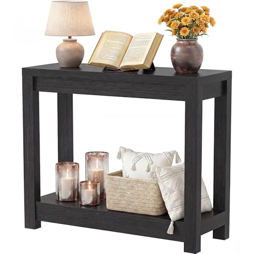 iSunirm Console Meuble Étroite 80 cm Noire, Table Console en Bois pour Couloir et Entrée, 2 Étagères de Rangement Ouvert, Bout de Canapé Style Ferme Moderne pour...