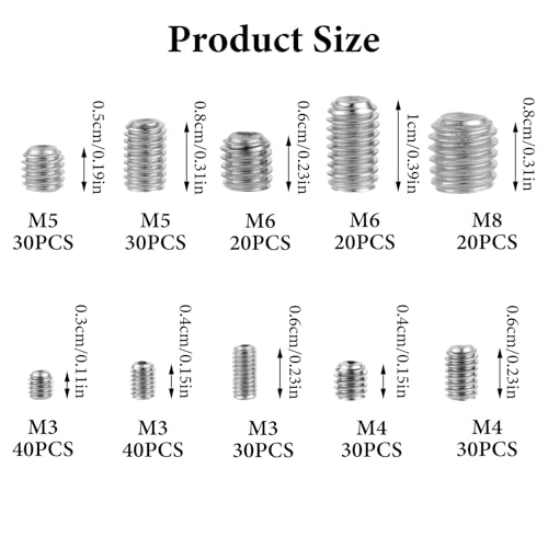 290 Stück Madenschrauben Set, M3 M4 M5 M6 M8 Edelstahl Innensechskantschrauben Gewindestifte Sortiment, Sechskantkopf Gewindeschrauben für Türklinken Halterung Türgriffe