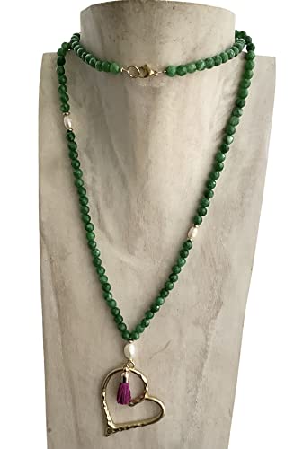 Anhur Collar Colgante Corazón Ágatas Verde buganvilla Frambuesa Corazón Dorado Mate Borla Fucsia...