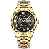 W WOLF-CUB Orologio da polso al quarzo da uomo, impermeabile, luminoso, con data, settimana, da uomo, in acciaio inox, regalo maschile, Oro e nero., Business & Casual