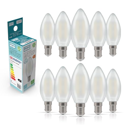Crompton Lamps Filament Candle LED Light Bulb SBC-B15d | 2.5W = 25W Equivalent | Warm White 2700K | Energy Efficient | Small Bayonet Lightbulb | Long Life 15000-Hrs | Pearl Glass | Dimmable | 10-Pack