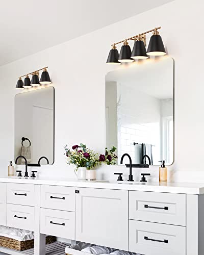 Image of 31.5-Inch 4-Light Farmhouse Bathroom Vanity Light, Black and Gold | Matte black metal shades, white interiors, 4 E26 sockets, 60W max each, dimmable, ETL listed, bathroom mirrors, bedrooms