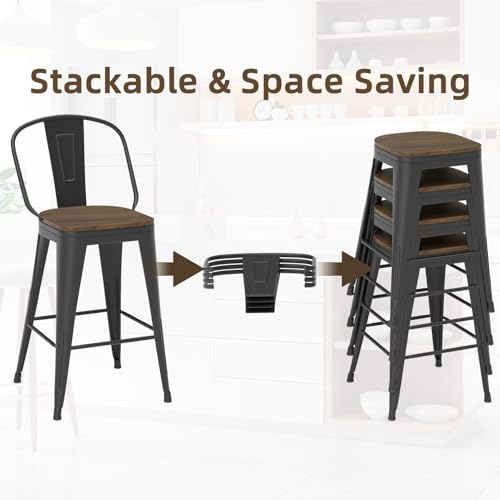 Butacos giratorios de bar de 24 pulgadas, juego de 4 unidades, con estructura metálica resistente y respaldo alto para cocina, cafés y restaurantes, color negro miniatura 5