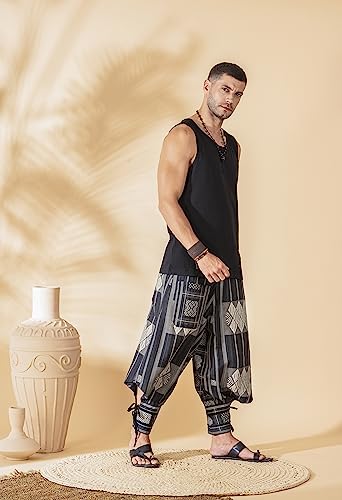 Image of The Veshti Company Cotton Baggy Pants Drop Crotch Harems for Men's Loose Boho Oversized Striped Meditation Yoga Pant with Pocket