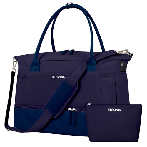 ETRONIK Weekender Bags for Women, Canvas Travel Bag 2 Pcs Set with USB Charging Port, Duffle Bag with Shoe Compartment, Carry on Overnight Bag for Women Travel, Dark Blue