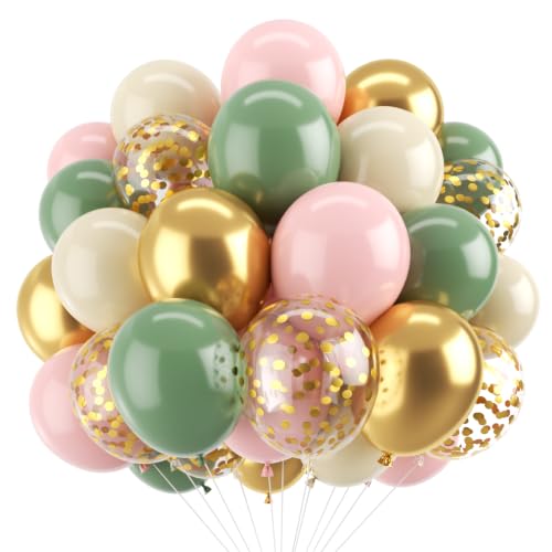 Blocesa Pink Green Gold Balloons, Confetti, 50pcs, Party Decor