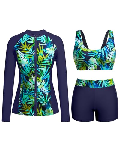 Holipick Long Sleeve Swimsuits for Women - 3 Piece Rash Guard with Shorts Zipper SPF Swim Shirt with Built in Bra