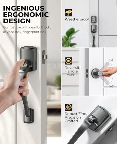 Image of Front Door Handle No Lock for Right & Left Handed Doors, Modern Exterior Door Handle with Reversible Lever, Lower Half Grip, Steel Gray