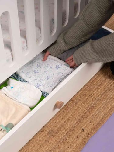 Image of Waddle & Roo The Treasure Baby Cot with Storage Drawer and Mattress | Wooden Crib for Nursery | Non-Toxic Painted HDF | Underbed Compartment | Size 120 x 60 x 75 cm | White