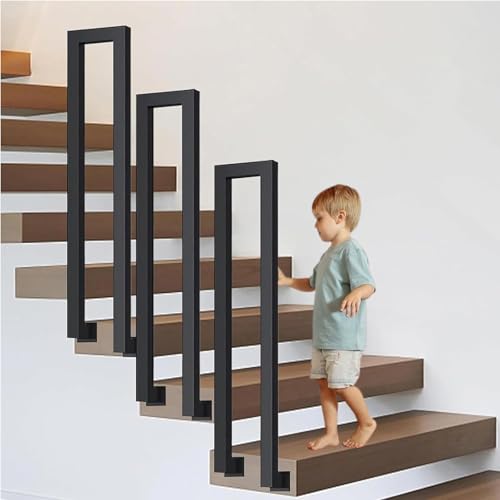 Stair Railing Lndoor,Hand Rails for Outdoor Steps, Metal U Shaped Handrails for Indoor Stairs, Lndustrial Wrought Lron Handrail, Handrails for Lndoor Stairs,for Stairs Porch Garden (L-Black,95CM)